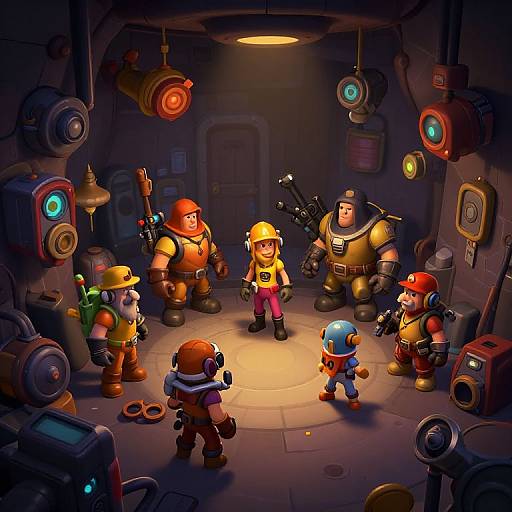 Cartoon-style digital artwork of seven colorful, armored characters in a dimly lit, high-tech underground room with glowing lights and machinery.
