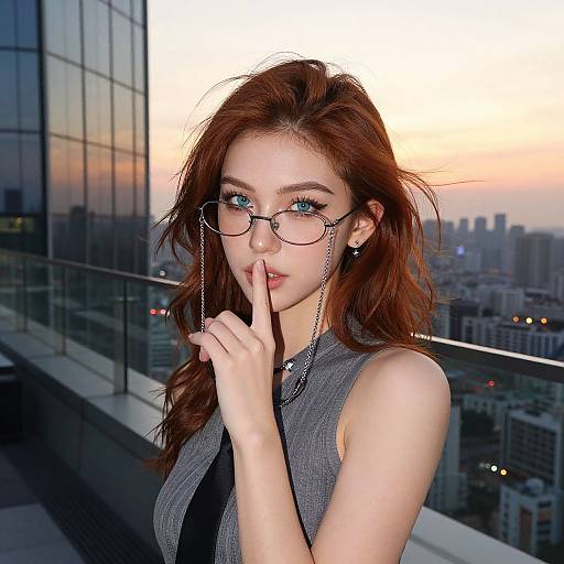 Photograph of a fair-skinned, red-haired woman with blue eyes, wearing glasses, grey sleeveless top, and chain earrings, finger to lips