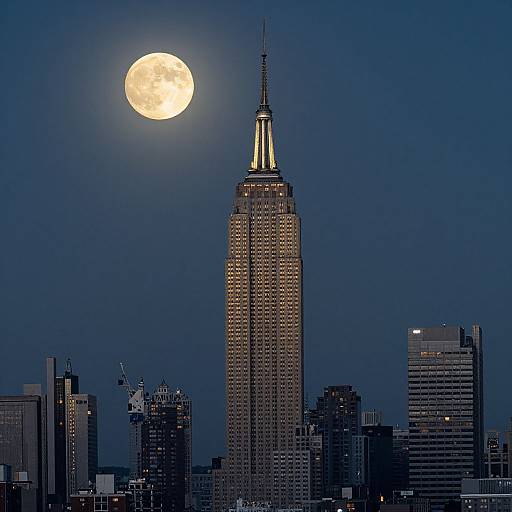 Photograph of New York City's Empire State Building under a full moon, surrounded by dark skyscrapers, creating a dramatic nighttime cityscape.
