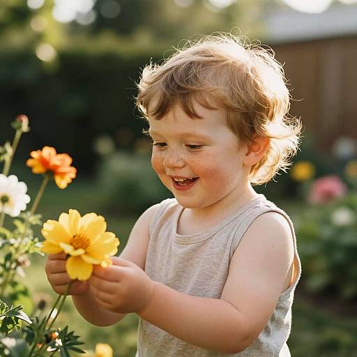 Smiling Child in Sunlit Garden