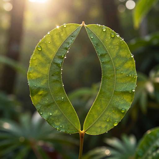 Photograph of a single green leaf, shaped like a heart, with dewdrops on its surface, set against a blurred forest background. Sunlight filters