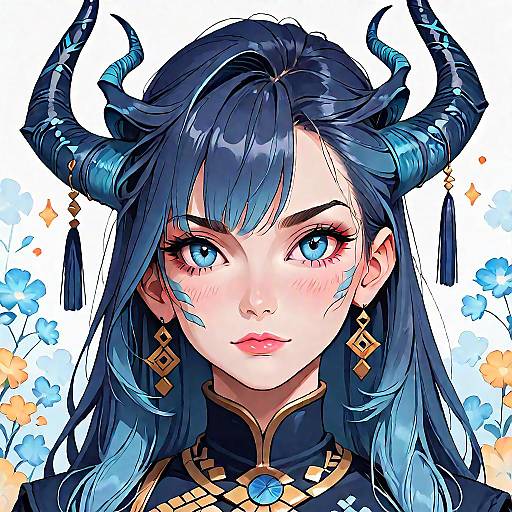 Kintsugi Horned Character with Blue Eyes