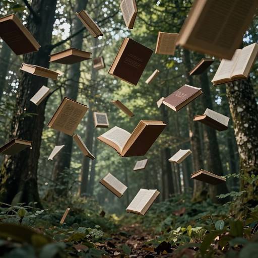 Floating Books Forest Surreal Scene