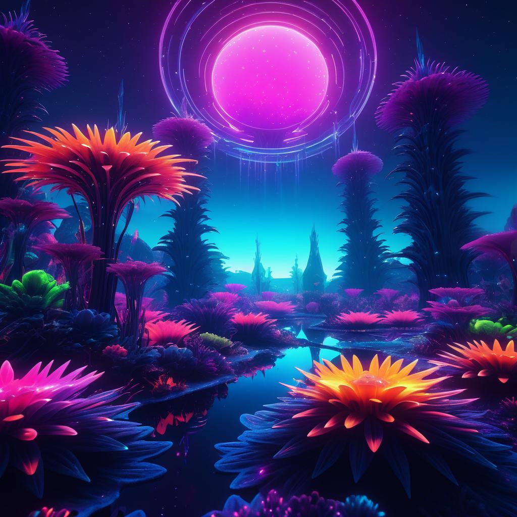 Vibrant Neon Alien Landscape with Creatures