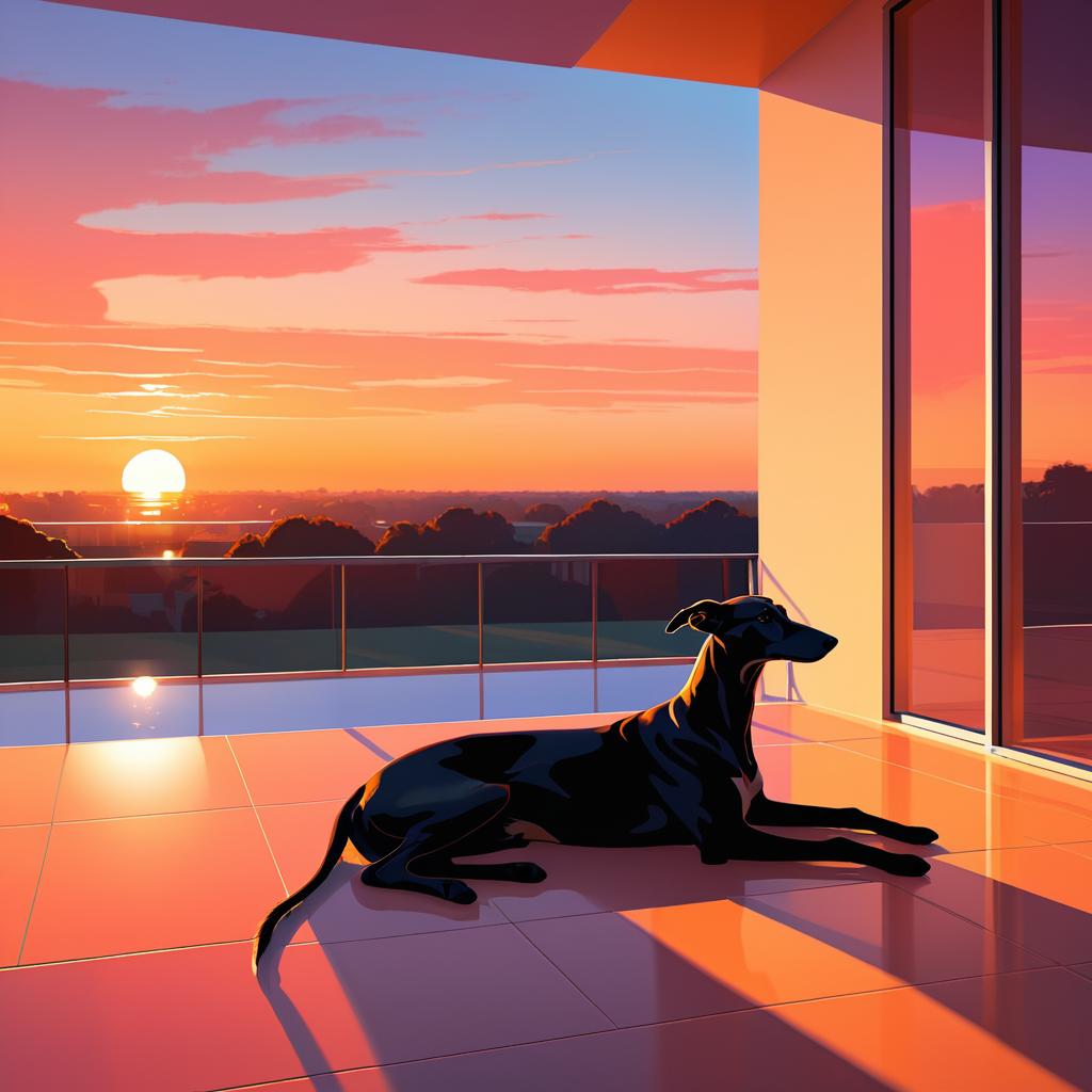 Greyhound on a Sunlit Balcony at Sunset