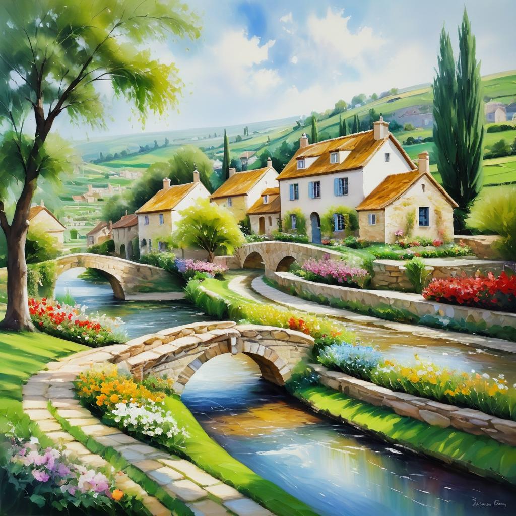 Charming Village Scene in Oil Painting