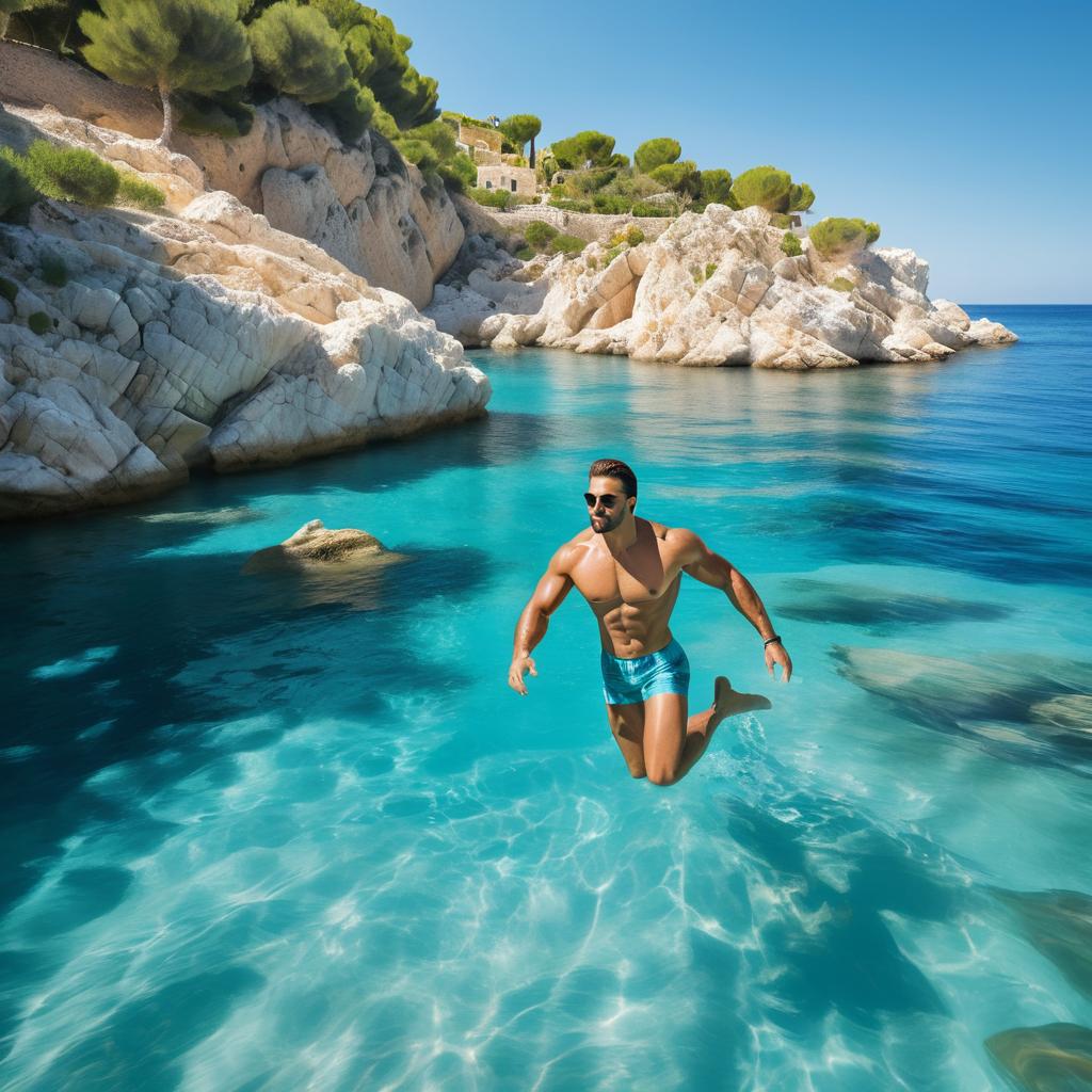 Muscular Swimmer in Mediterranean Paradise