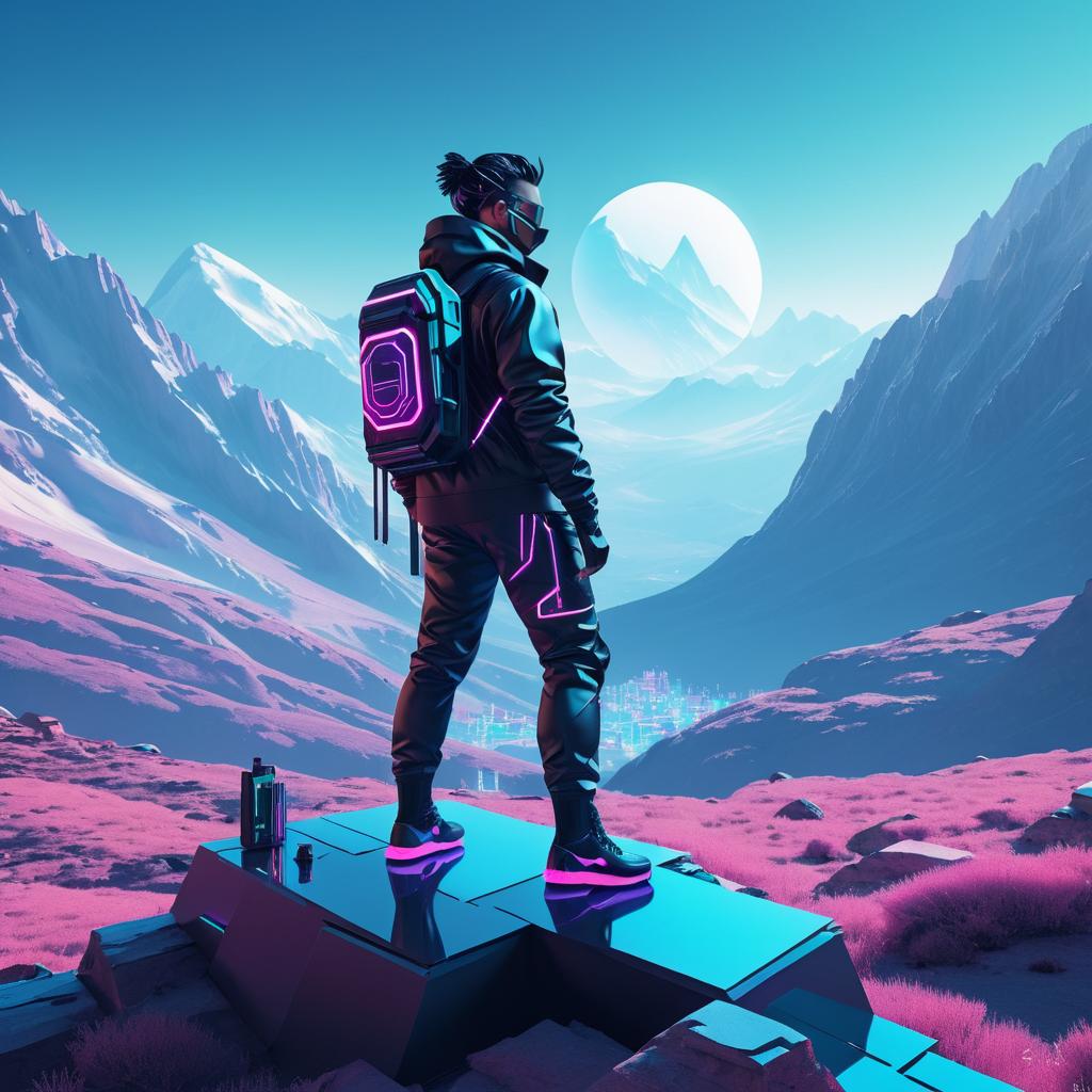 Futuristic Cyberpunk Hacker in Mountains