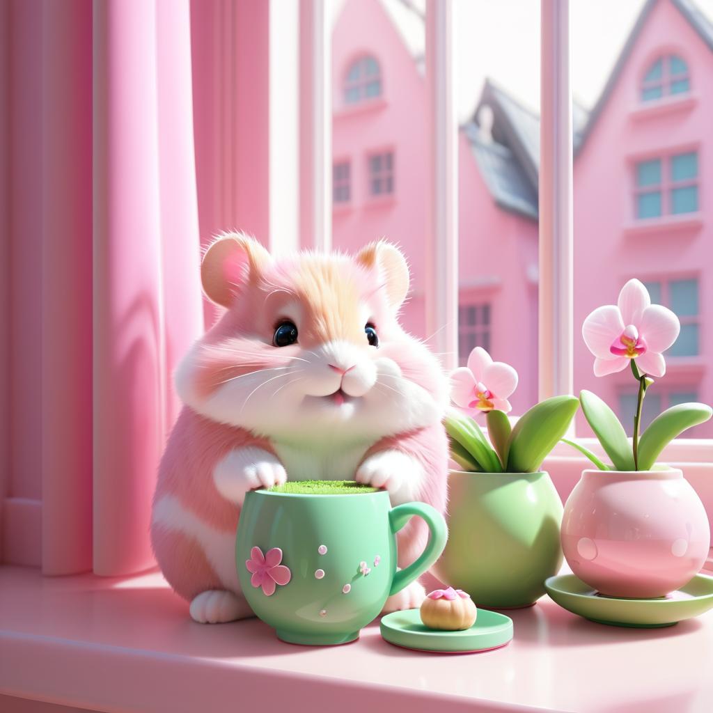 Cozy Cartoon Hamster with Matcha and Orchids