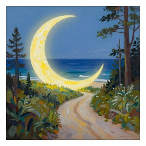 Digital painting of a luminous yellow crescent moon over a forested beach path, surrounded by vibrant green foliage and leading to a dark blue ocean under
