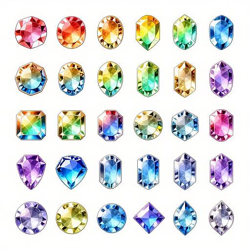 Digital illustration of 36 colorful, faceted gemstones in various shapes and sizes, arranged in a 6x6 grid on a white background.