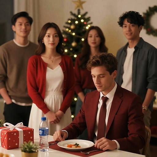 Young Man in Red Suit at Christmas Party