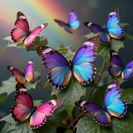 Photograph of vibrant blue and pink butterflies with black-edged wings on green leaves, set against a blurred, colorful background.