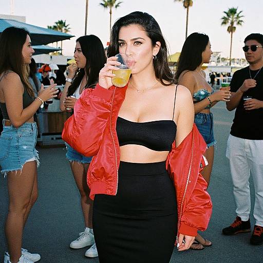 Photograph of a dark-haired woman in a red bomber jacket and black crop top, sipping an orange drink, surrounded by people at a lively outdoor