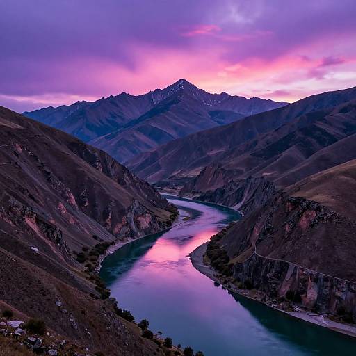 Photograph of a serpentine river winding through dark purple and brown mountainous landscape at sunset, with vibrant pink and purple sky.