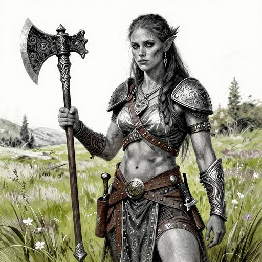 Digital artwork of a fierce, muscular, grey-skinned elf warrior with long braided hair, holding an ornate axe, wearing armored shoulder pieces and