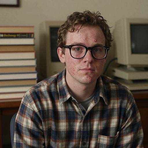 Photograph of a pale, red-haired man with glasses, wearing a plaid shirt, sitting in a room with old computers and stacked books in the