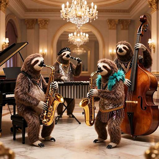 Sloths Playing Jazz in Glamorous Ballroom