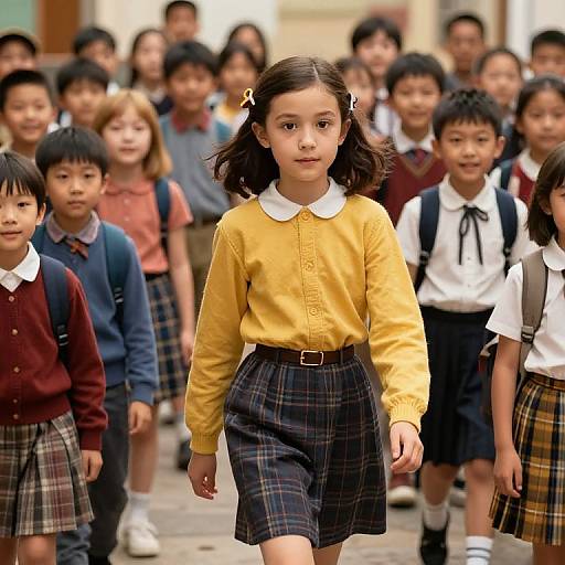 Photograph of a young Asian girl with dark hair, wearing a yellow cardigan and plaid skirt, leading a group of classmates in school uniforms,