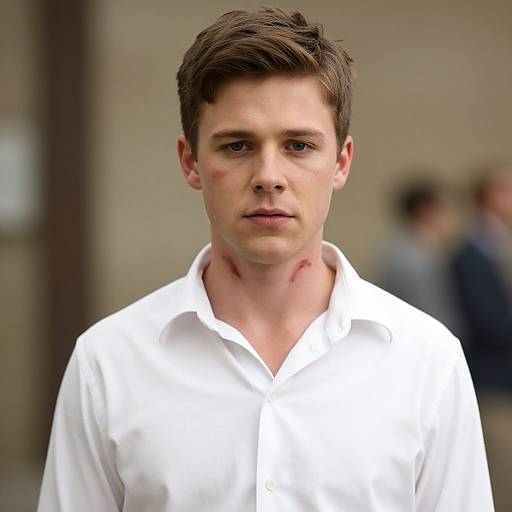 Photograph of a young man with short brown hair, wearing a white button-up shirt, showing minor scratches on his neck, standing against a blurred,
