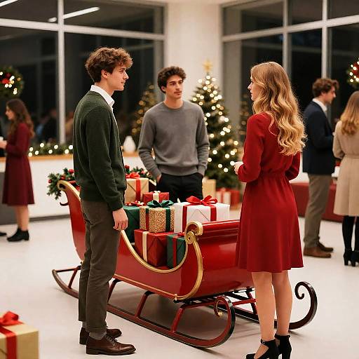 Festive Indoor Holiday Gathering with Sleigh and Gifts