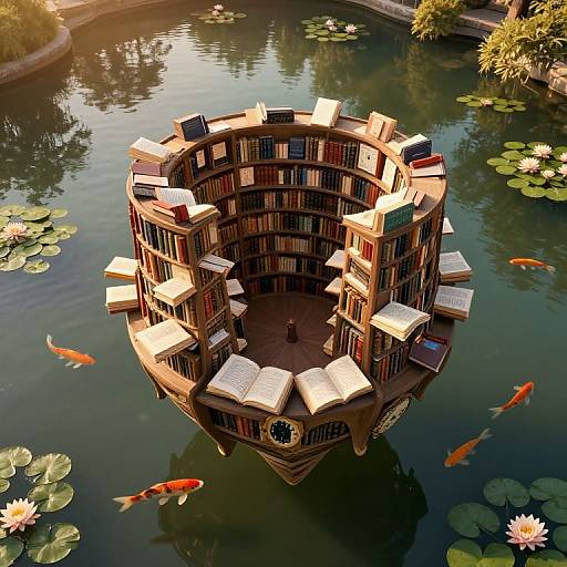 Surreal Floating Library Over Koi Pond