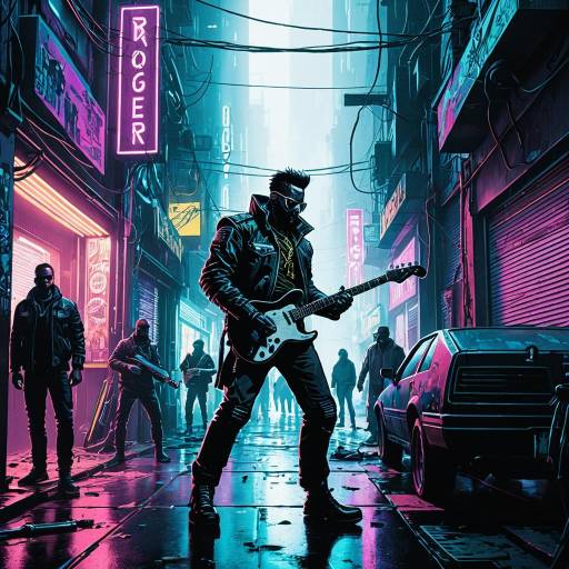 Cyberpunk Musician Playing Guitar in Neon Alley