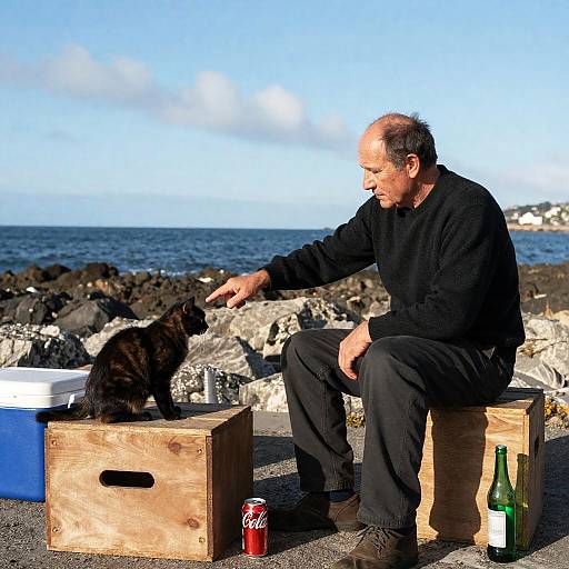 Coastal Scene with Focused Man and Cat