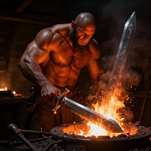 Muscular bald man with sweaty, defined chest, forging a sword in a fiery forge, intense expression, glowing orange flames, dramatic lighting.