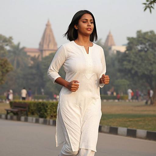 Photograph of a young South Asian woman with medium brown skin, black hair, and red lipstick, jogging in a white traditional kurta in a park