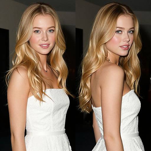Photograph of a blonde woman with wavy hair, wearing a strapless white dress, smiling and looking at the camera, dark background.