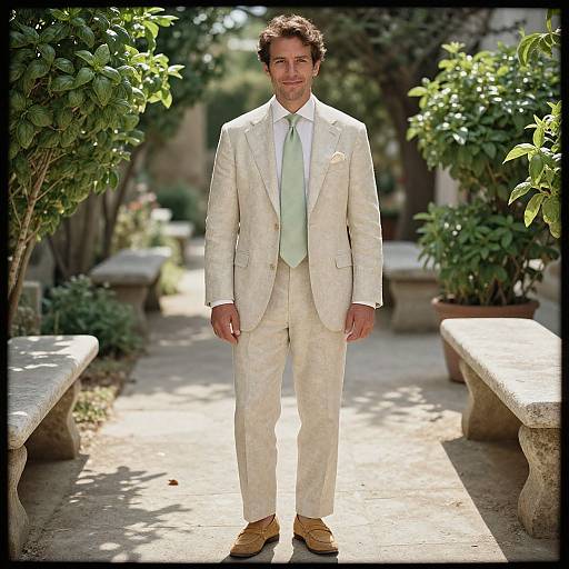 Photograph of a handsome man with short brown hair, wearing a cream suit, light green tie, and mustard shoes, standing in a sunlit garden