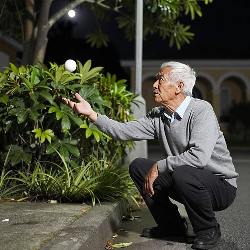 Intense Old Man Crouched at Night