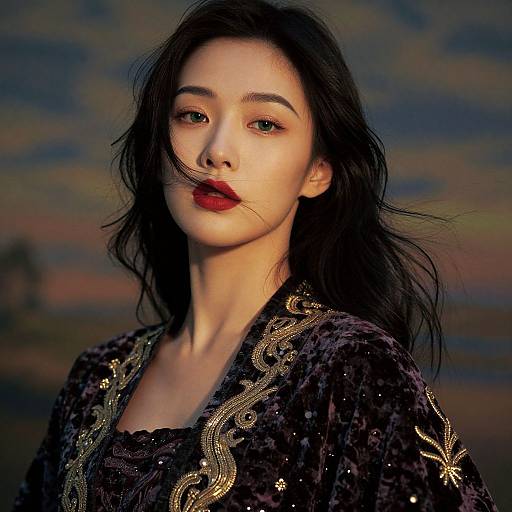 Photograph of an Asian woman with fair skin, black hair, and red lipstick, wearing a dark velvet top with gold embroidery, against a blurred sunset