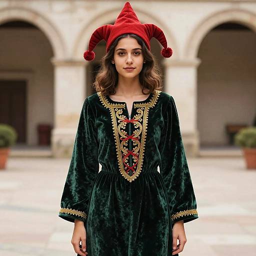 Photograph of a young woman with wavy brown hair, wearing a red jester hat and a black velvet dress with gold and red embroidery, standing