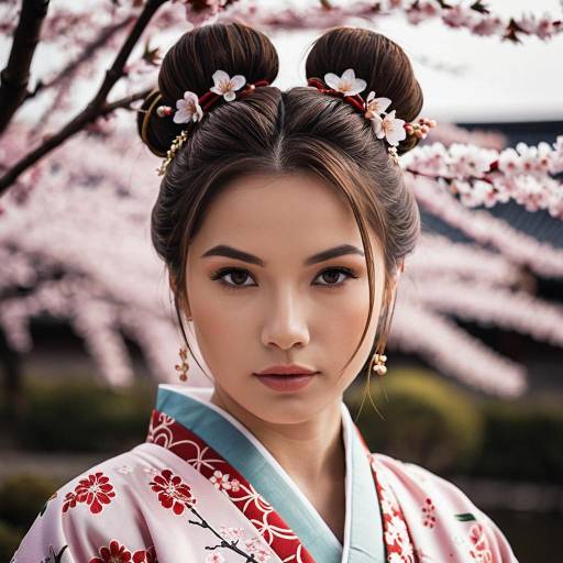 Elegant Girl in Traditional Kimono Amidst Cherry Blossoms
