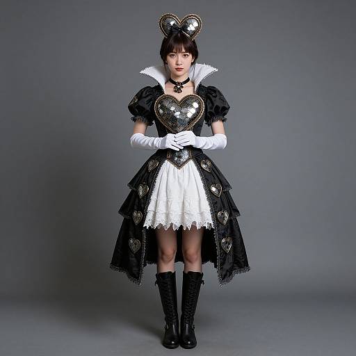 Asian woman in gothic Alice in Wonderland costume with black and white heart patterns, white lace, and black boots, standing against gray background. Photograph.
