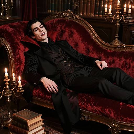 Elegant Vampire Sleeping in Victorian Library