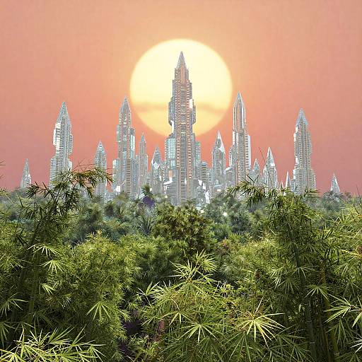 Azure Sun Over Coral Sky Bamboo Forest