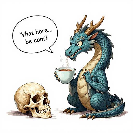 Cartoon dragon with blue scales, yellow underbelly, and horns, holding a teacup, looks at a human skull, asking 