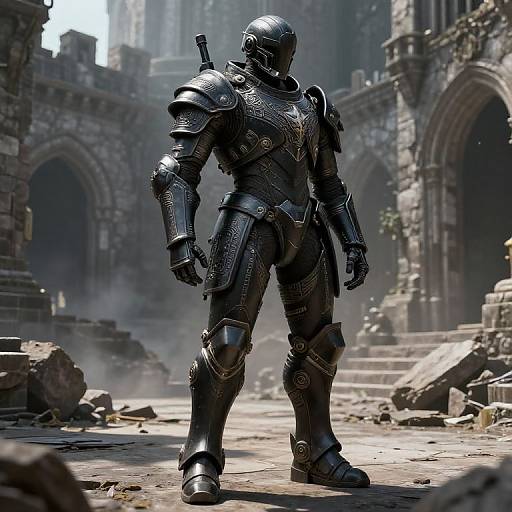 Intricate Black Military Armor in Ruined Courtyard