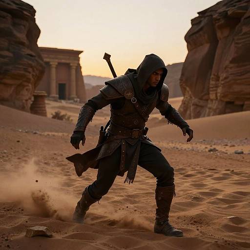 Photorealistic digital art: Hooded warrior in dark armor strides through desert sandstorm, rocky canyon background, sunset sky, sword on back.