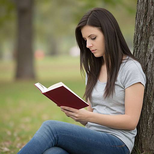 Photograph of a young woman with long black hair, wearing a gray t-shirt and blue jeans, sitting against a tree, reading a red book in