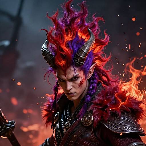 Digital artwork of a fierce demon with red and purple fiery hair, black horns, and glowing eyes, wearing ornate black armor with red fur, set