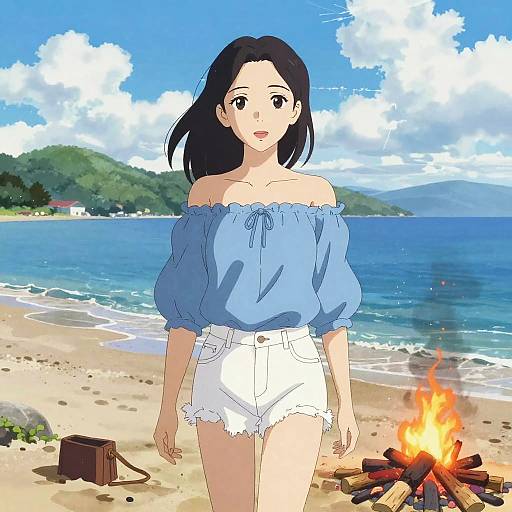 Anime-style illustration of a smiling woman with black hair, wearing a blue off-shoulder blouse and white shorts, standing on a sunny beach with a