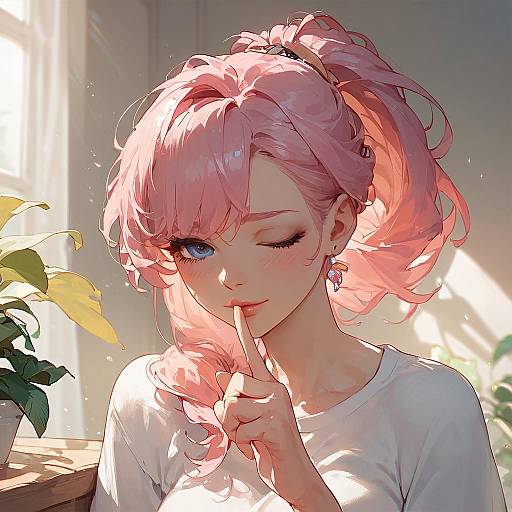 Anime Girl with Pink Ponytail Indoor Scene