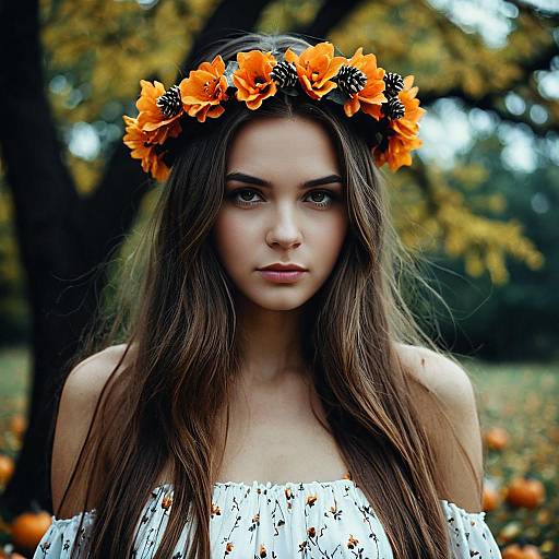 Young woman with autumn flower crown outdoors