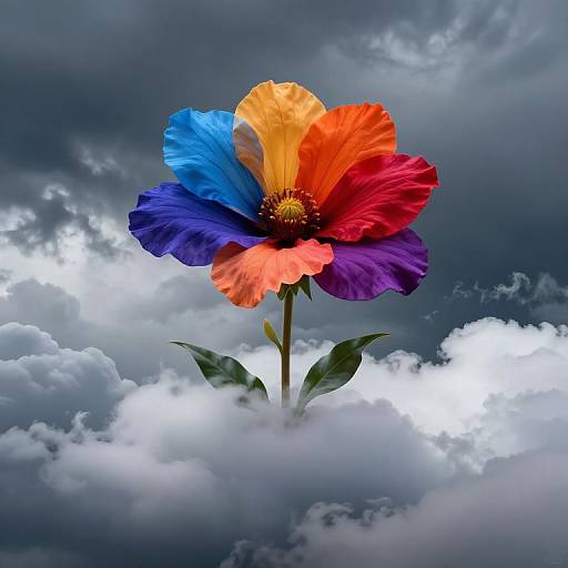 Surreal Multi-Colored Flower in Clouds