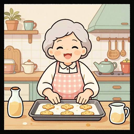 Cartoon elderly woman with gray hair, pink checkered apron, smiling while baking cookies on a tray in a colorful kitchen.