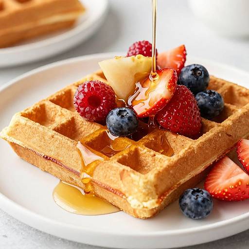 Photograph of golden waffles topped with juicy strawberries, blueberries, and syrup being drizzled, on a white plate.